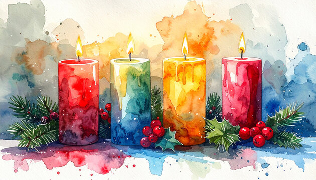 Watercolor illustration of four vibrant Christmas advent candles with festive holly berries and pine branches
