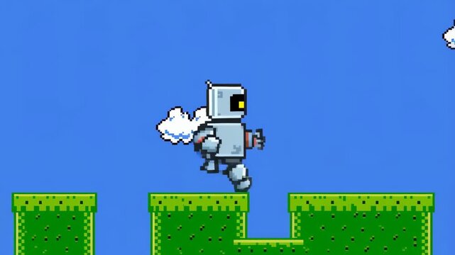 Retro pixelated robot character jumping across green platforms in a vibrant blue sky. Represents classic video game nostalgia and adventure