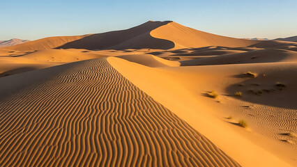 Golden desert sand dunes sculpted by wind under a clear blue sky landscape nature