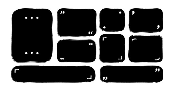 Chalk hand drawn shapes and frames for social media. Black crayon doodle abstract isolated text box with punctuation signs. Speech bubble blobs for dialog. Kids drawing
