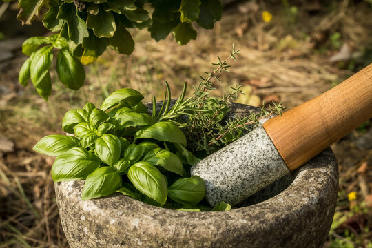 Fresh basil leaves and herbs in a rustic mortar and pestle - Powered by Adobe