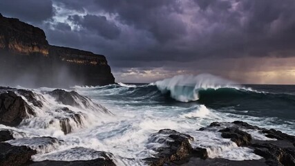 Stormy ocean waves crashing on rocky coastline