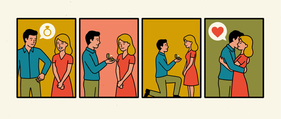 Four-panel comic book style illustration depicting a romantic marriage proposal story, from the man's idea to him kneeling with a ring and the couple happily embracing