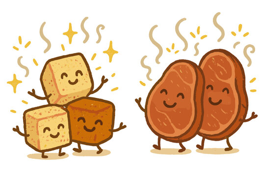 Browning Delight Doodle. Cheerful doodle caramelization and Maillard reaction illustration with happy browning sugar cubes,