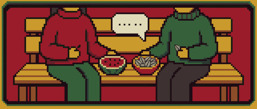 Two pixel art figures in cozy sweaters sitting on a wooden bench eating watermelon and sunflower seeds while having a quiet, awkward conversation