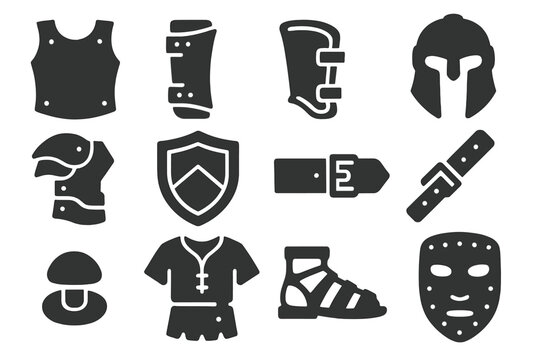 Leather Armor Icons. Solid style icons of Leather Armor: Breastplate, Bracer, Greave, Helmet, Shoulder Guard, Shield, Belt, Strap,