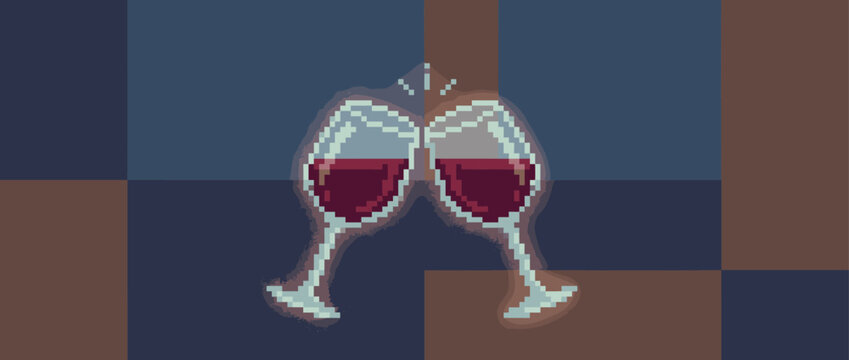Two pixel art wine glasses filled with red wine are clinking together in a celebratory toast with a retro 8-bit video game aesthetic and muted color palette