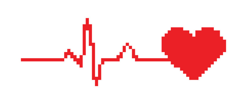 Red pixelated electrocardiogram line ending in a heart shape in a minimalist 8-bit graphic style, symbolizing vitality, romance, and digital healthcare