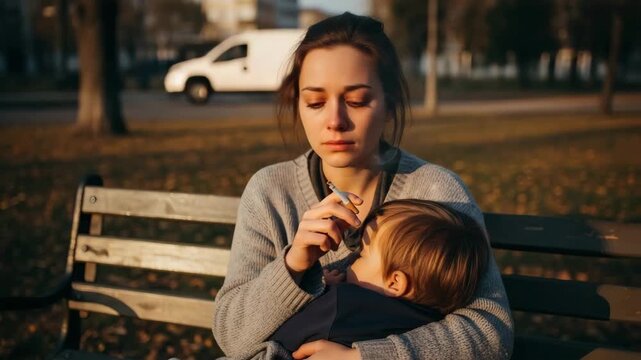 Young mother with troubled mood holding baby while smoking cigarette on park bench against autumn city background
