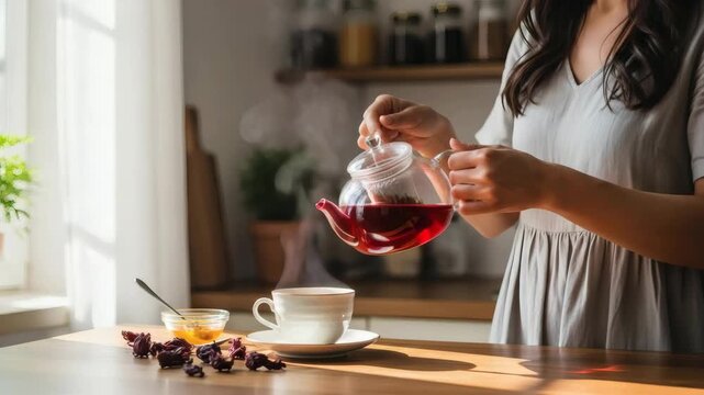 Woman with cozy mood pouring hot herbal tea from glass teapot into cup against sunlit home kitchen background with copy space