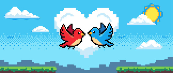 Two cute pixel art birds, red and blue, fly towards each other in front of a heart-shaped cloud in a romantic retro 8-bit video game style landscape with a bright sun