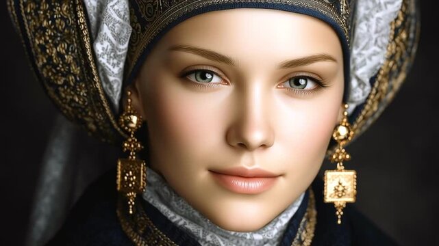 Sophisticated female wearing ornate Russian kokoshnik, golden earrings, looking directly forward with soft blinking against deep shadowy studio setting