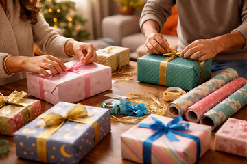 Parents Wrapping Eid Gifts for Children at Home