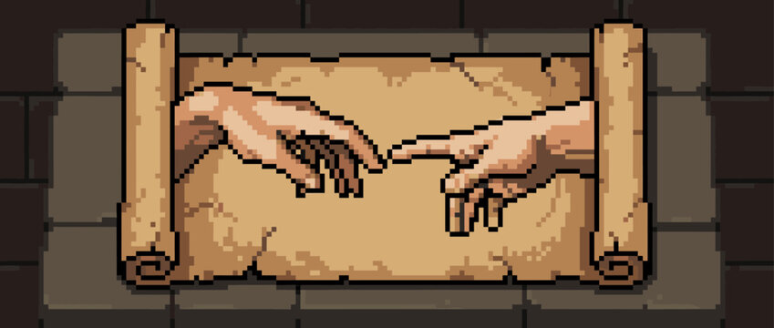 Pixel art illustration of two hands reaching for each other in a famous creation gesture, depicted on an ancient, weathered scroll in a nostalgic 16-bit style