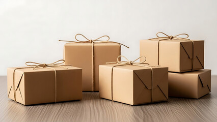 Assortment of five brown cardboard gift boxes tied with twine on a wooden surface present