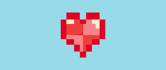 Fototapeta premium Pixelated red heart with pink shading in a retro 8-bit style symbolizes love, health, and life, reminiscent of a classic vintage video game graphic