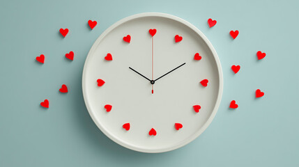 Modern wall clock with red hearts instead of numbers, concept of time management and special moments