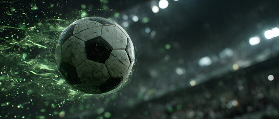A soccer ball flies through the air in a stadium, leaving behind green sparks and glowing against a vibrant green background. This scene captures action and excitement