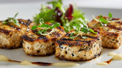 Grilled tofu steak with restrained garnish, pale background, restaurant elegance