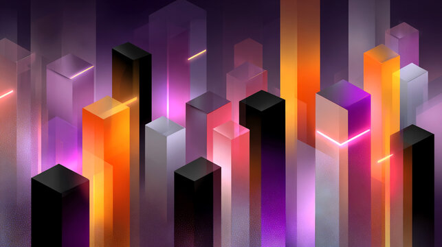 Futuristic abstract cityscape with glowing geometric skyscrapers in vibrant neon colors on dark background - Powered by Adobe