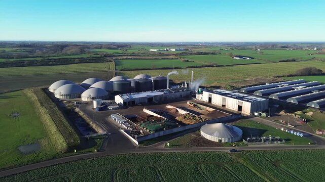 Aerial Drone View of Modern Biogas Plant in Danish Rural Agricultural Landscape Green Energy