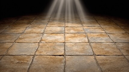 Beams of light shine down onto a textured, tiled floor surface