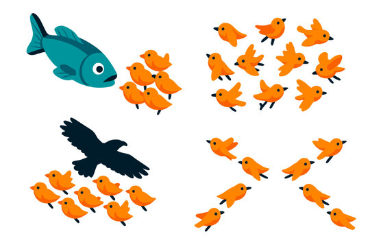 Predator Evasion Tactics. Isometric vector illustration set Predator Evasion Tactics: Flash mob flight, evasive scatter burst,