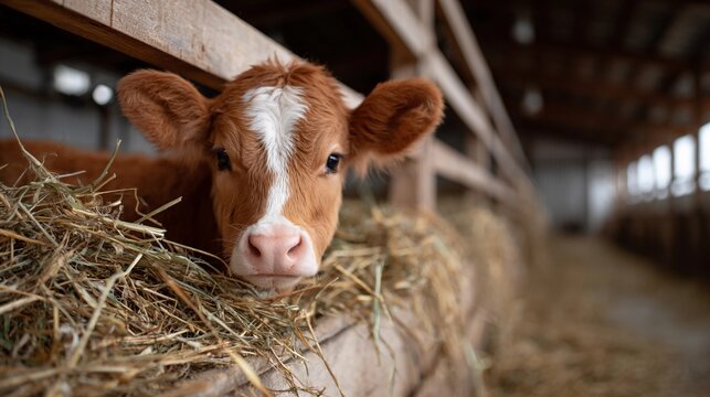 A baby cow is laying down in a hay pile on the farm