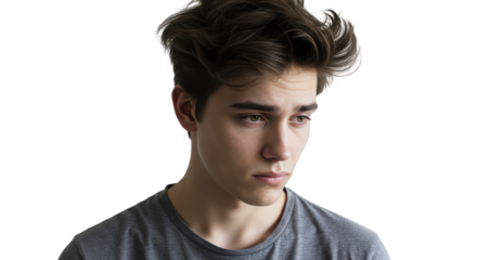 Young man looking down with messy brown hair wearing gray t-shirt, Isolated On Transparent Background
