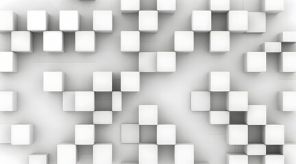 Minimalist background with an array of white cubes hovering above white surface