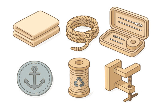 Nautical Upcycling Workshop Tools. Isometric vector illustration set of Nautical Upcycling Workshop: folded canvas cloth, rope
