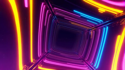 Colorful neon tunnel with glowing lights creating a vibrant atmosphere. Ideal for futuristic themes and dynamic visual effects