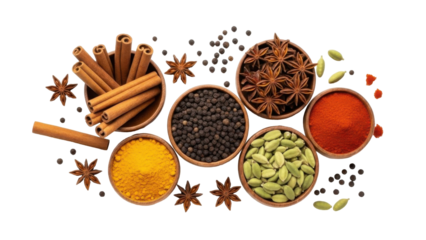 Overhead shot of various spices in small wooden bowls, showcasing culinary ingredients.