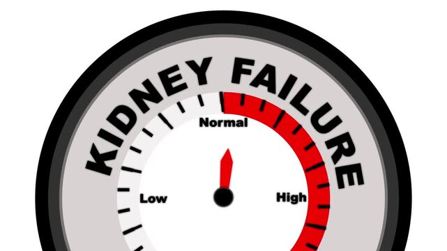Kidney Failure text or word shown with a barometer or tachometer-style gauge, representing varying levels of severity in kidney function decline and its impact on overall health