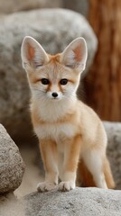 A baby Fennec fox is standing on a rock