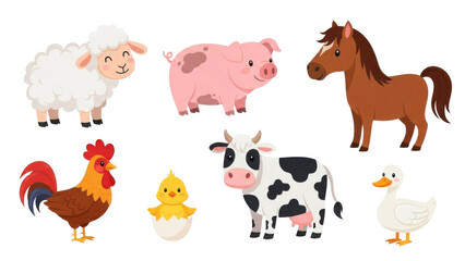 Obraz premium Illustration of various farm animals including a sheep, pig, horse, rooster, chick, cow, and duck.