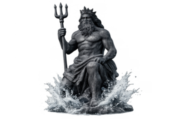 Poseidon statue with trident and crown, controlling ocean water splash, greek mythology god of the sea, transparent png background