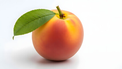 Ripe nectarine with a single green leaf isolated on a clean white background perfect for healthy eating and summer fruit concepts