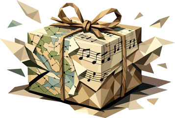 Eco-Friendly Gift Art. Low-poly vector illustration focused on an eco-conscious gift box wrapped in old maps or musical notation
