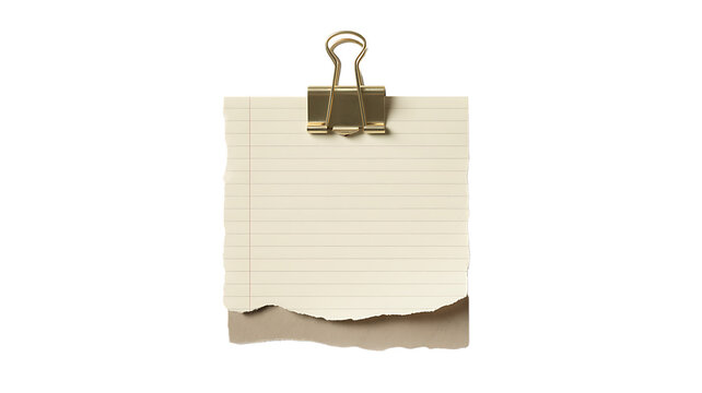 Closeup of a torn note with a paperclip on a white background