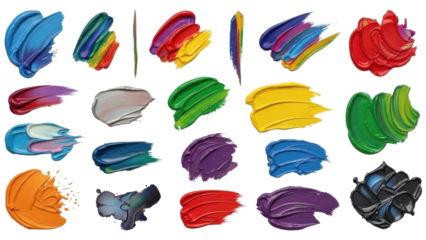 Collection of colorful, textured paint strokes, showcasing various hues and artistic brushwork on white background.