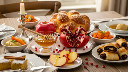 Rosh Hashanah Table with Challah, Apples, Pomegranate, and Traditional Dishes &ndash; Festive Jewish New Year Setting