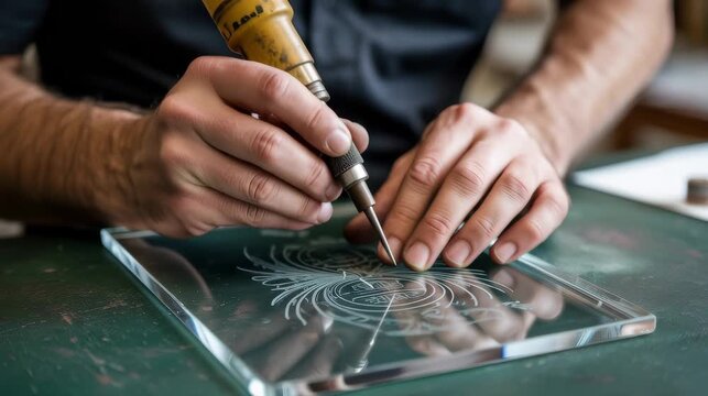 A man etching a custom design onto glass using tools and stencils  