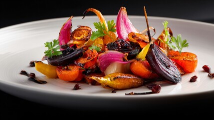 Vegetarian main dish composed of roasted roots, fine-dining aesthetic