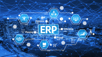 Visual representation of a modern ERP system with digital icons illustrating various business functions and technology, emphasizing integration and efficiency in operations. Tessel