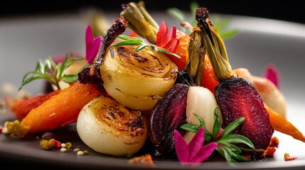 Vegetarian main dish composed of roasted roots, fine-dining aesthetic