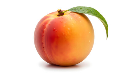 Ripe Peach with Water Droplets and Leaf &ndash; Fresh Fruit on White Background