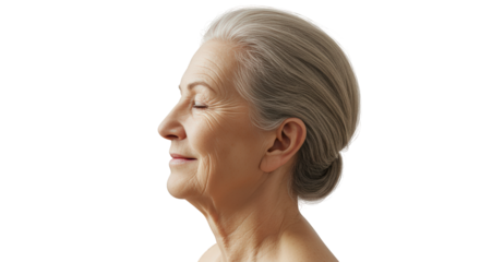 Senior woman face profile with gray hair and wrinkles, Isolated On Transparent Background