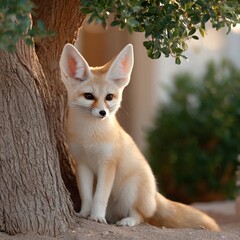 Obraz premium A small, fluffy Fennec fox with big ears is sitting on a tree trunk