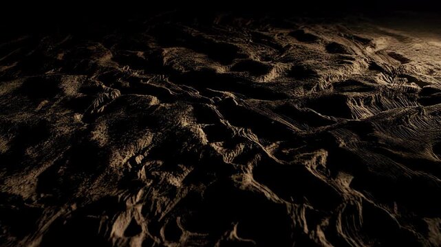 Abstract cinematic terrain surface in dark golden tones representing dramatic alien landscape background with copy space